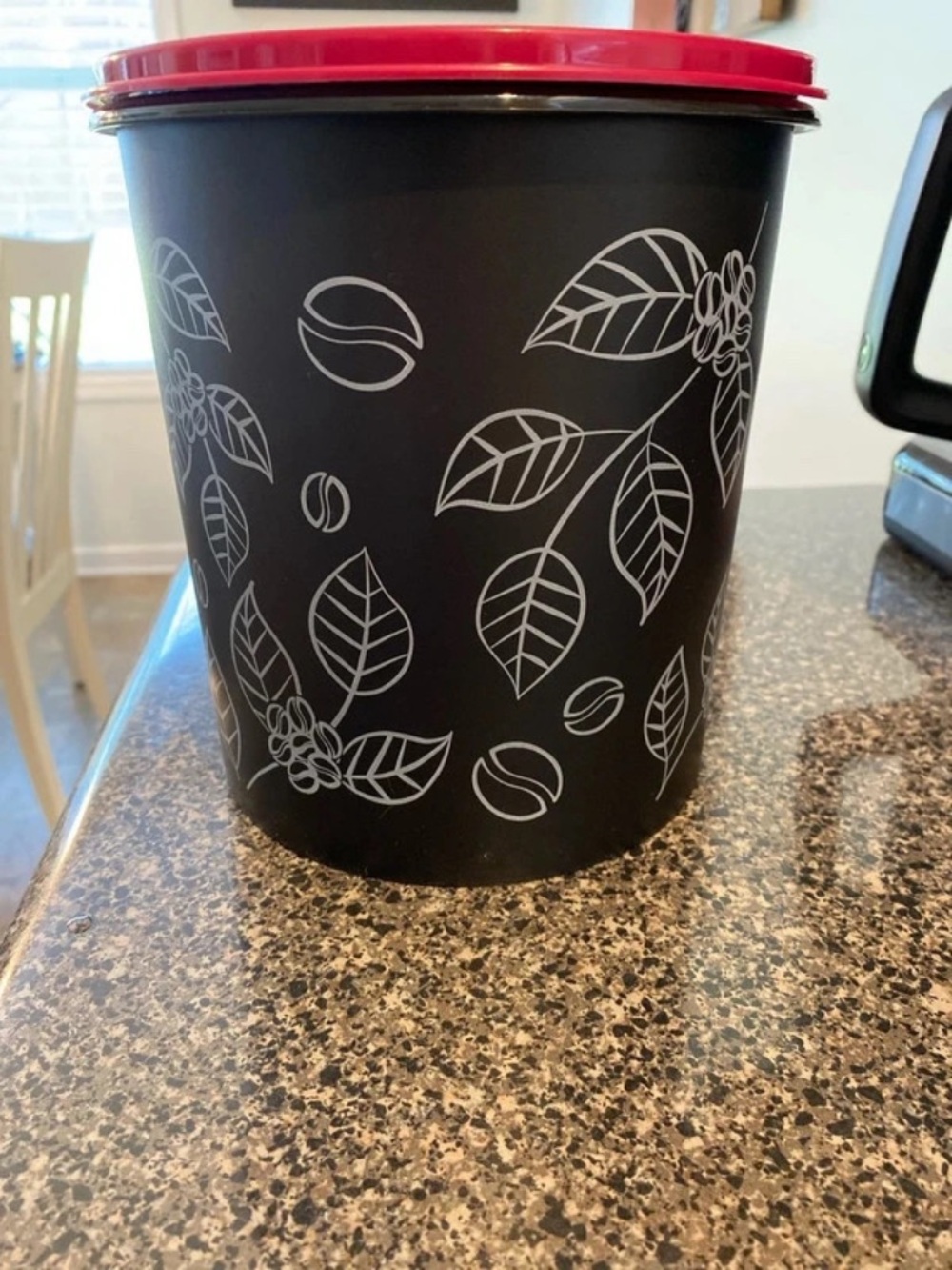 Tupperware Black Coffee Canister with Red Lid and White Leaf Design